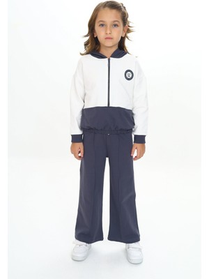 Toontoy Kız Çocuk 2'li Takım Baskılı Kapüşonlu Fermuarlı Sweatshirt & Beli Lastikli Bol Paça Eşofman Altı - Renk Bloklu & Nervürlü & 2 Iplik