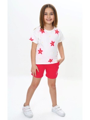 Toontoy Kız Çocuk 2'li Takım Baskılı Bisiklet Yaka T-Shirt & Beli Lastikli Cepli Şort