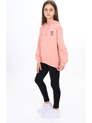 Toontoy Kız Çocuk 2'li Takım Baskılı Kapüşonlu Düşük Omuz Sweatshirt & Basic Düz Tayt