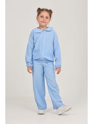 Toontoy Kız Çocuk 2'li Takım Baskılı Kapüşonlu Fermuarlı Cepli Sweatshirt & Beli Paçası Lastikli Jogger Eşofman Altı - Müslin