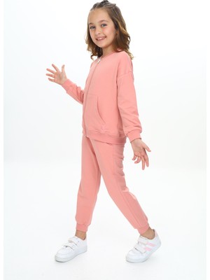 Toontoy Kız Çocuk 2'li Takım Nakış Baskılı Kolej Yaka Fermuarlı Cepli Sweatshirt & Beli Paçası Ribanalı Jogger Eşofman Altı - 2 Iplik
