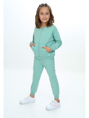 Toontoy Kız Çocuk 2'li Takım Nakış Baskılı Kolej Yaka Fermuarlı Cepli Sweatshirt & Beli Paçası Ribanalı Jogger Eşofman Altı - 2 Iplik