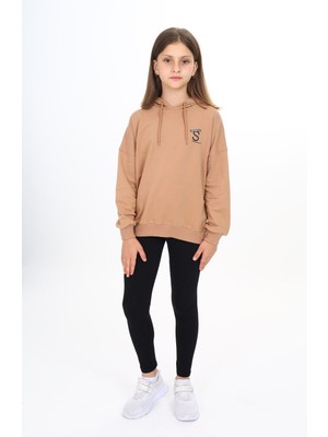Toontoy Kız Çocuk 2'li Takım Baskılı Kapüşonlu Düşük Omuz Sweatshirt & Basic Düz Tayt