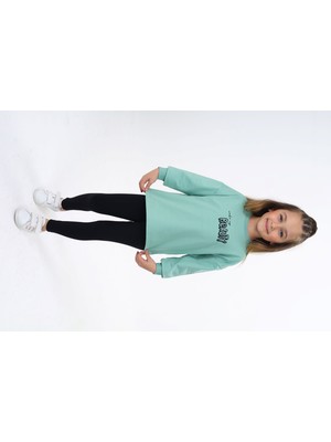 Toontoy Kız Çocuk 2'li Takım Baskılı Bisiklet Yaka Sweatshirt & Basic Düz Tayt