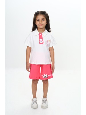 Toontoy Kız Çocuk 2'li Takım Baskılı Polo Yaka T-Shirt & Beli Lastikli Şort