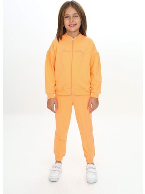 Toontoy Kız Çocuk 2'li Takım Nakış Baskılı Dik Yaka Fermuarlı Sweatshirt & Beli Paçası Ribanalı Cepli Jogger Eşofman Altı - Nervürlü & 2 Iplik