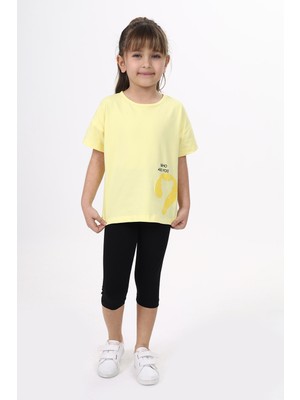 Toontoy Kız Çocuk 2'li Takım Baskılı Bisiklet Yaka T-Shirt & Beli Lastikli Crop Tayt