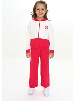 Toontoy Kız Çocuk 2'li Takım Baskılı Kapüşonlu Fermuarlı Sweatshirt & Beli Lastikli Bol Paça Eşofman Altı - Renk Bloklu & Nervürlü & 2 Iplik