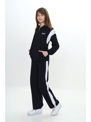 Toontoy Kız Çocuk 2'li Takım Baskılı Kapüşonlu Fermuarlı Cepli Sweatshirt & Beli Lastikli Paçası Ayarlanabilir Eşofman Altı - Garni Detaylı & 2 Iplik