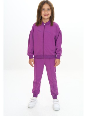 Toontoy Kız Çocuk 2'li Takım Nakış Baskılı Dik Yaka Fermuarlı Sweatshirt & Beli Paçası Ribanalı Cepli Jogger Eşofman Altı - Nervürlü & 2 Iplik