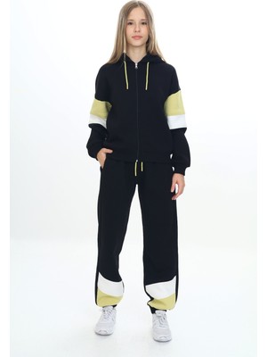 Toontoy Kız Çocuk 2'li Takım Kapüşonlu Fermuarlı Sweatshirt & Beli Paçası Lastikli Jogger Eşofman Altı - Garni Detaylı & 3 Iplik Şardonlu