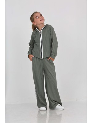 Toontoy Kız Çocuk 2'li Takım Kapüşonlu Fermuarlı Reglan Kol Sweatshirt & Beli Lastikli Bol Paça Eşofman Altı - Şerit Detaylı & Fitilli