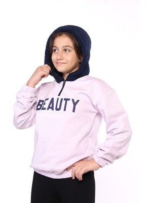 Toontoy Kız Çocuk Oversize Kapüşonlu Fermuarlı Düşük Omuz Baskılı Lastikli Sweatshirt - 3 Iplik Şardonlu