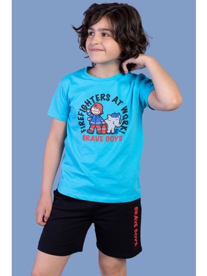 Toontoy Erkek Çocuk 2'li Takım Baskılı Bisiklet Yaka Tişört & Beli Lastikli Cepli Şort