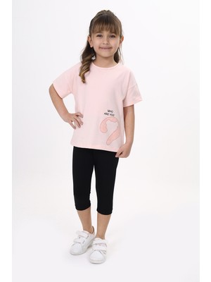 Toontoy Kız Çocuk 2'li Takım Baskılı Bisiklet Yaka T-Shirt & Beli Lastikli Crop Tayt