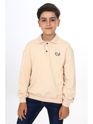 Toontoy Erkek Çocuk Relax Fit Polo Yaka Çıtçıtlı Hafif Düşük Omuz Baskılı Sweatshirt - 2 Iplik