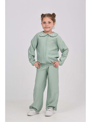 Toontoy Kız Çocuk 2'li Takım Baskılı Kapüşonlu Fermuarlı Cepli Sweatshirt & Beli Paçası Lastikli Jogger Eşofman Altı - Müslin