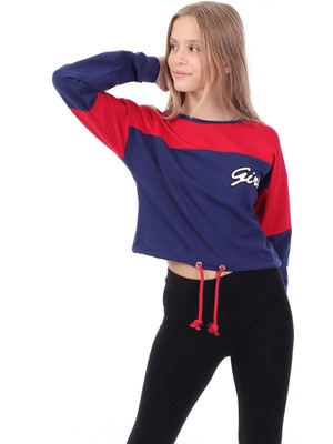 Toontoy Kız Çocuk Relax Fit Yuvarlak Yaka Düşük Omuz Renk Bloklu Baskılı Crop Sweatshirt - Beli Ayarlanabilir &2 Iplik