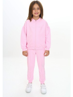 Toontoy Kız Çocuk 2'li Takım Nakış Baskılı Dik Yaka Fermuarlı Sweatshirt & Beli Paçası Ribanalı Cepli Jogger Eşofman Altı - Nervürlü & 2 Iplik