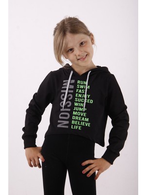 Toontoy Kız Çocuk Relax Fit Kapüşonlu Baskılı Crop Sweatshirt - 2 Iplik