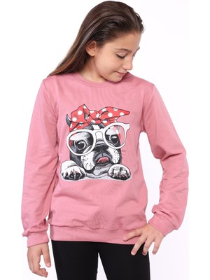 Toontoy Kız Çocuk Relax Fit Bisiklet Yaka Baskılı Sweatshirt - 2 Iplik