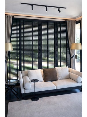 Siyah 50MM %100 Gerçek Ahşap Jaluzi Perde Redüktörlü Zincir Mekanizmalı Ofis/ev Tüm Mekanlar