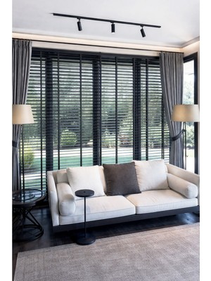 Kurşuni Gri 50MM %100 Gerçek Ahşap Jaluzi Perde Redüktörlü Zincir Mekanizmalı Ofis/ev Tüm Mekanlar