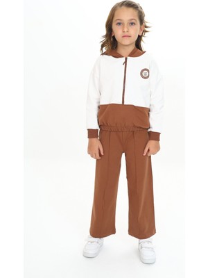 Toontoy Kız Çocuk 2'li Takım Baskılı Kapüşonlu Fermuarlı Sweatshirt & Beli Lastikli Bol Paça Eşofman Altı - Renk Bloklu & Nervürlü & 2 Iplik