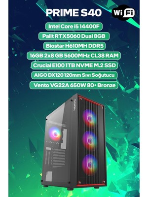 Game Garaj Prime S40 Intel Core I5 14400F 16GB Ram 1tb SSD RTX5060 120MM Sıvı Soğt Freedos Oyuncu Oem Paket
