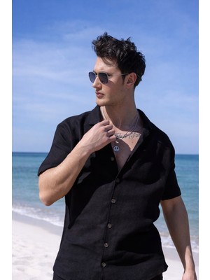 Pobudo Gömlek Yaka Siyah Renk Yıkamalı Keten Takım