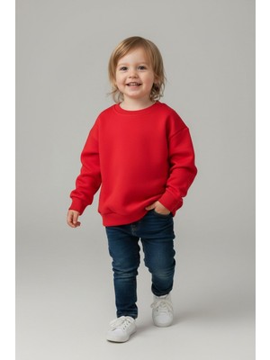 Evavi Çocuk Baskısız Düz Bisiklet Yaka Kırmızı Sweatshirt