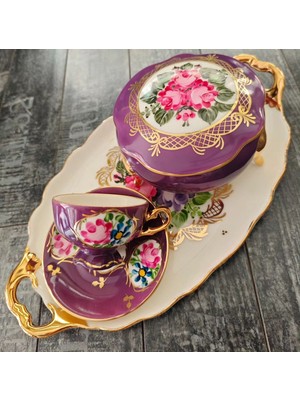 Manushum El Boyama Porselen 3 Ayaklı Limoges Kutu-Mor