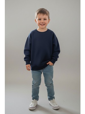 Evavi Çocuk Baskısız Düz Bisiklet Yaka Lacivert Sweatshirt