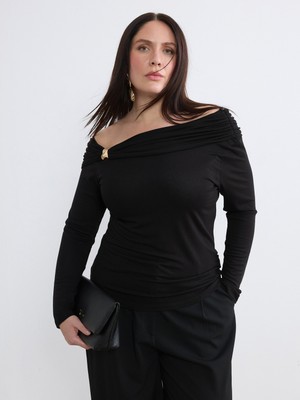 Soulife Büyük Beden Kayık Yaka Büzgülü Bluz