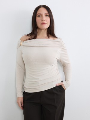 Soulife Büyük Beden Kayık Yaka Büzgülü Bluz