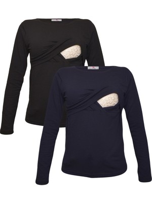 Luvmabelly Kadın Emzirme Sweatshirt Seti Uzun Kol Siyah-Lacivert Renk Düz Desenli Konforlu Tasarım