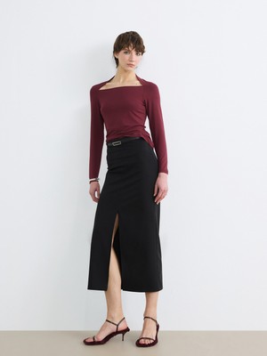 Soulife Beli Fermuarlı Kemerli Yırtmaçlı Etek