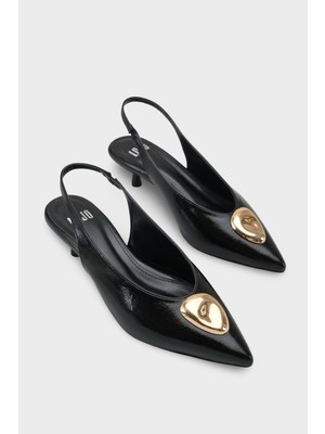 LOJO Kadın Stiletto Altın Tokalı Sivri Burun Arkası Açık Topuklu Ayakkabı Jaris Siyah