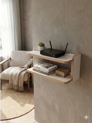 Akçe Home Beyaz Dekoratif Ikili Raf, Aksesuar Rafı, Iki Bölmeli Modem Rafı