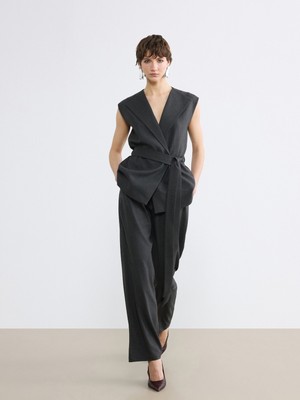 Soulife Loose Fit Geniş Paça Kadın Pileli Kumaş Pantolon