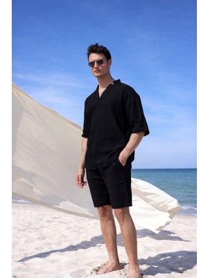 Pobudo V Yaka Siyah Renk  Yıkamalı  Keten Takım