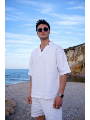 Pobudo V Yaka Beyaz Renk  Yıkamalı  Keten Takım