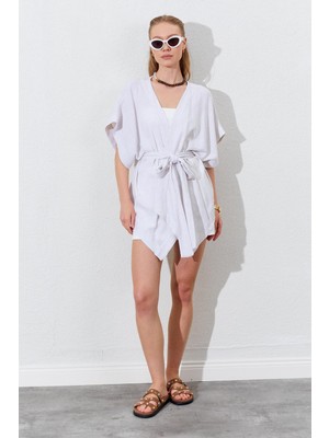 Tena Kadın Naturel Düşük Kol Kuşaklı Kimono