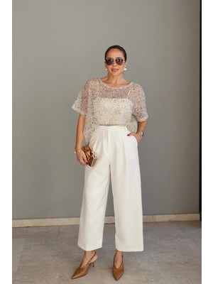 Purple By Banu Beyaz Tek Pile Kumaş Pantolon (Dar Kalıptır)