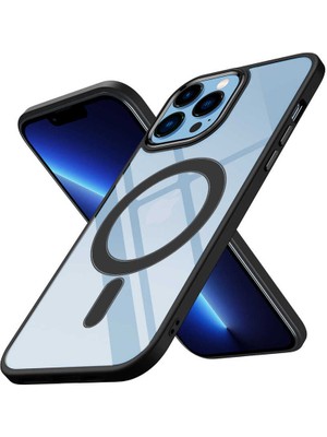 Büşra Ayhan iPhone 13 Pro Max Uyumlu Wireless Şarj Özellikli Bsay Krom Magsafe Silikon Kapak-Siyah
