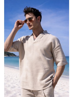 Pobudo V Yaka Bej Renk  Yıkamalı  Keten Takım