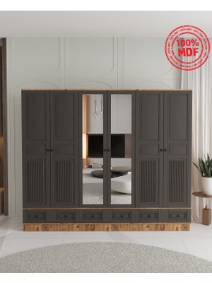 T&B Nil 6 Kapaklı Çekmeceli Bazalı Gardırop - Tamamı Mdf