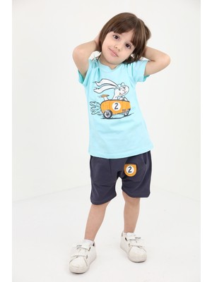 Toontoy Erkek Çocuk 2'li Takım Baskılı Bisiklet Yaka Tişört & Beli Lastikli Şort