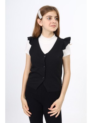 Toontoy Kız Çocuk Fırfır Detaylı Düğmeli V Yaka Blazer Okul Yeleği - Astarsız