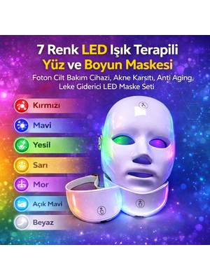 Artnest 7 Renkli LED Yüz ve Boyun Güzellik Cihazı | Foton Işık Terapili Cilt Bakım Maskesi Seti